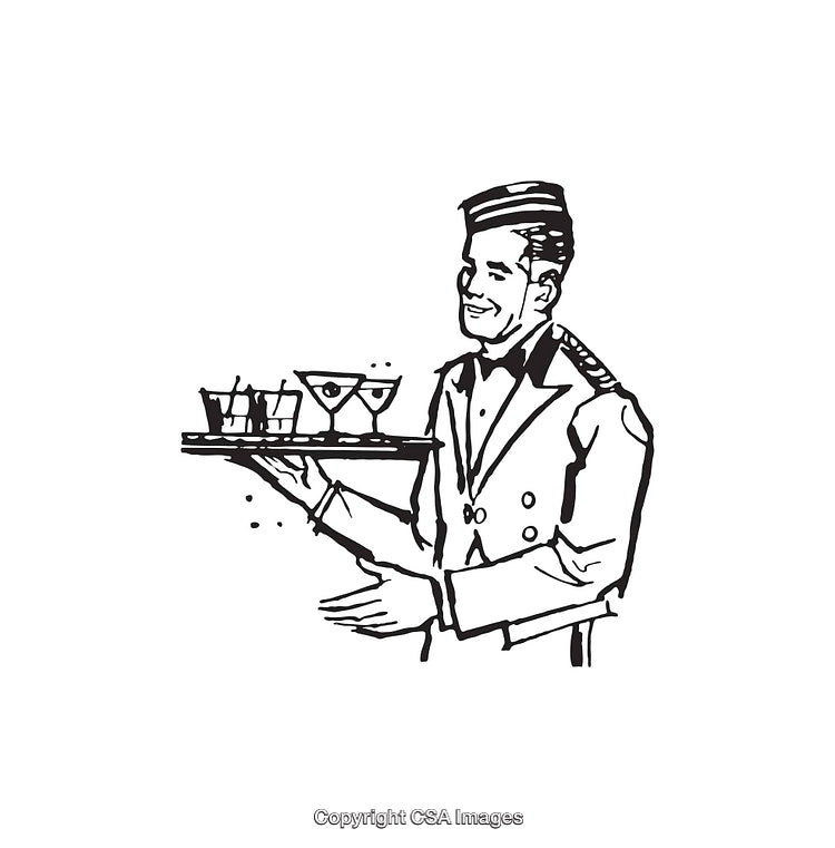 Elegant Waiter Serving Drinks on a Tray in Line Art Illustration