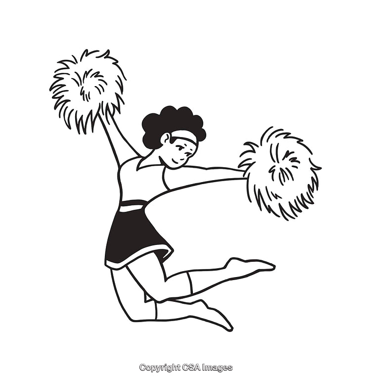 Black And White Illustration of a Cheerleader Jumping With Pom-Poms