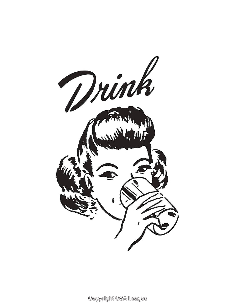 Vintage Drinking Illustration Featuring Woman Holding Glass in Retro Style