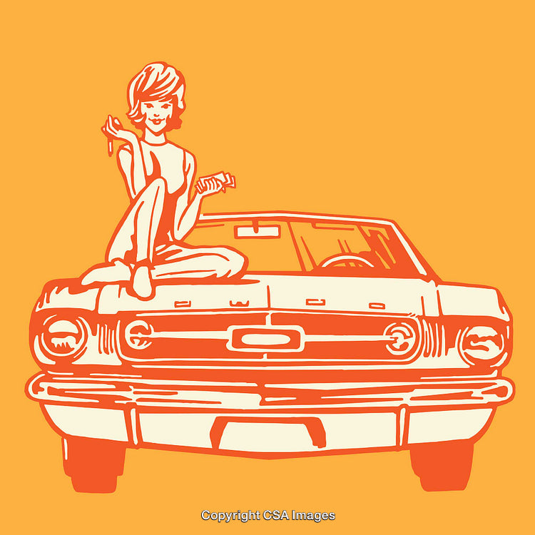 Retro Illustration of Woman Sitting on Classic Car Hood in Bold Colors