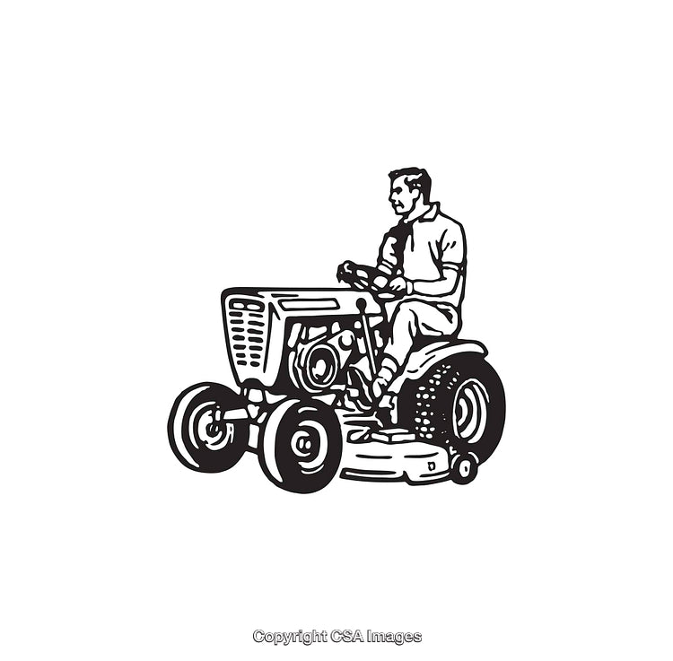 Man Operating a Riding Lawn Mower in Line Art Illustration
