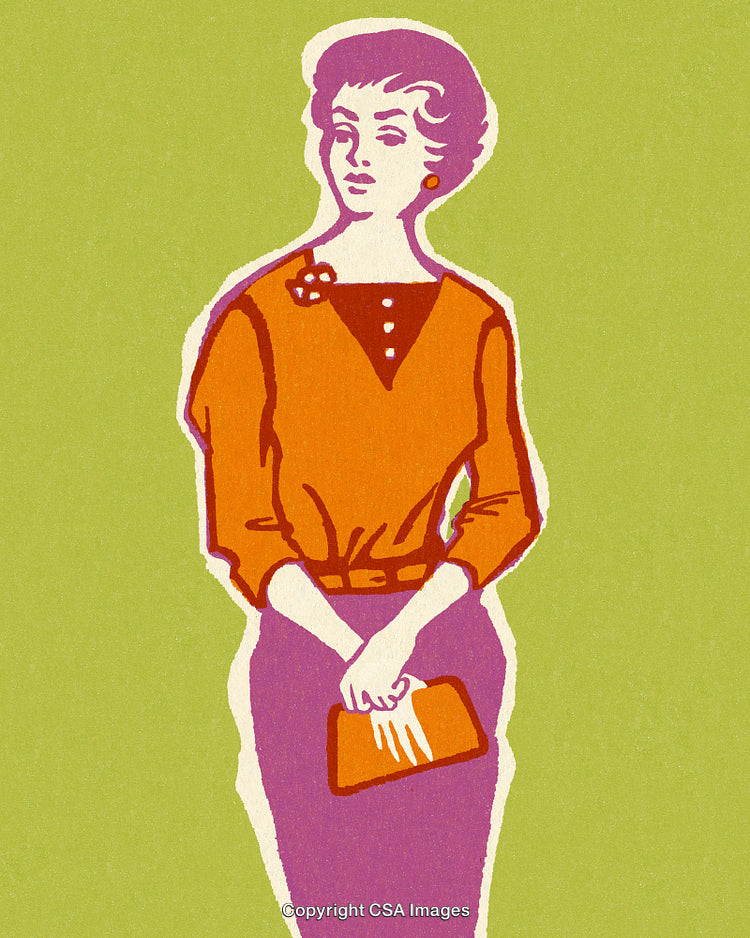 Retro Illustration of Woman Standing with Clutch in Colorful Fashion