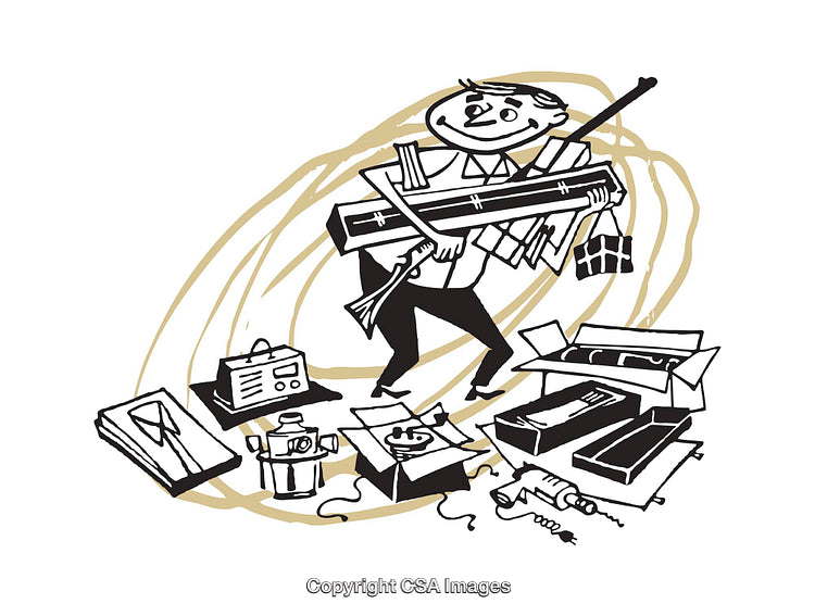 Retro-Inspired Cartoon of Busy Person With Oversized Packages and Clutter