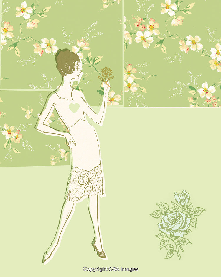 Elegant Vintage Illustration of a Woman with Floral Pattern and Delicate Details