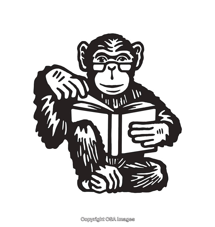 Monkey Reading Book Illustrated in Elegant Black and White Line Art Design