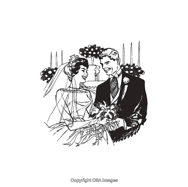 Elegant Black and White Vintage Wedding Illustration of a Happy Couple