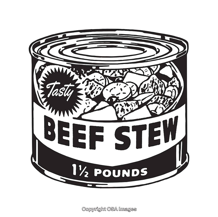 Black and White Line Art Illustration of a Canned Beef Stew Label