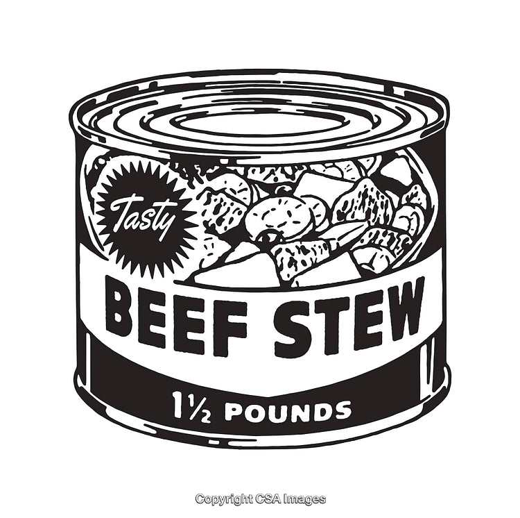 Black and White Line Art Illustration of a Canned Beef Stew Label