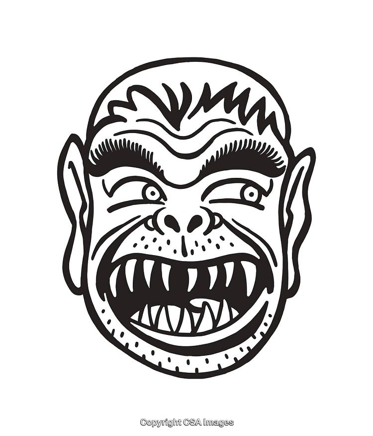 Black and White Line Art Illustration of a Monster Face Design