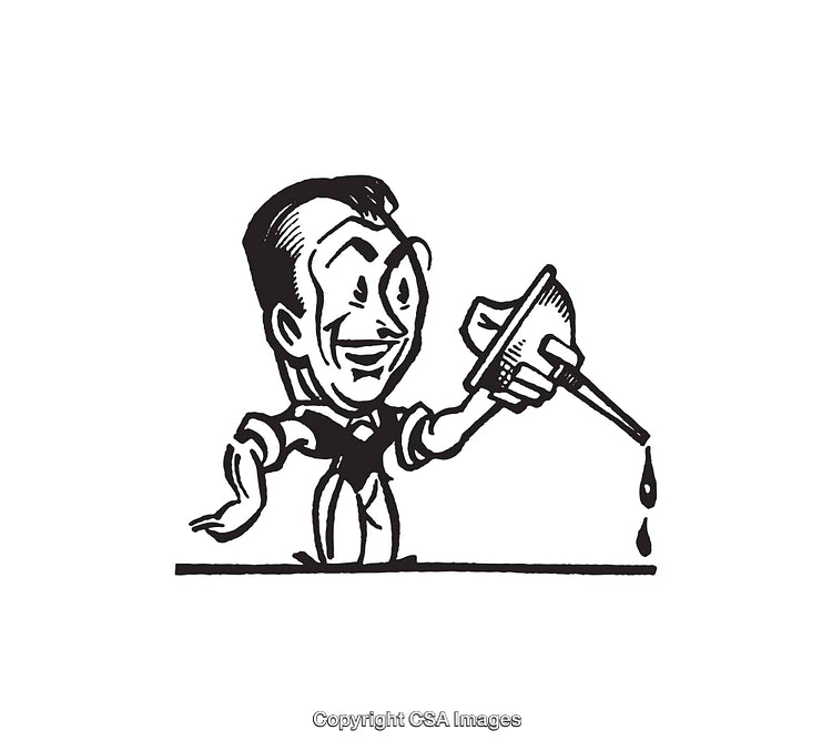 Vintage Illustration of a Man Using a Funnel in Black and White Line Art