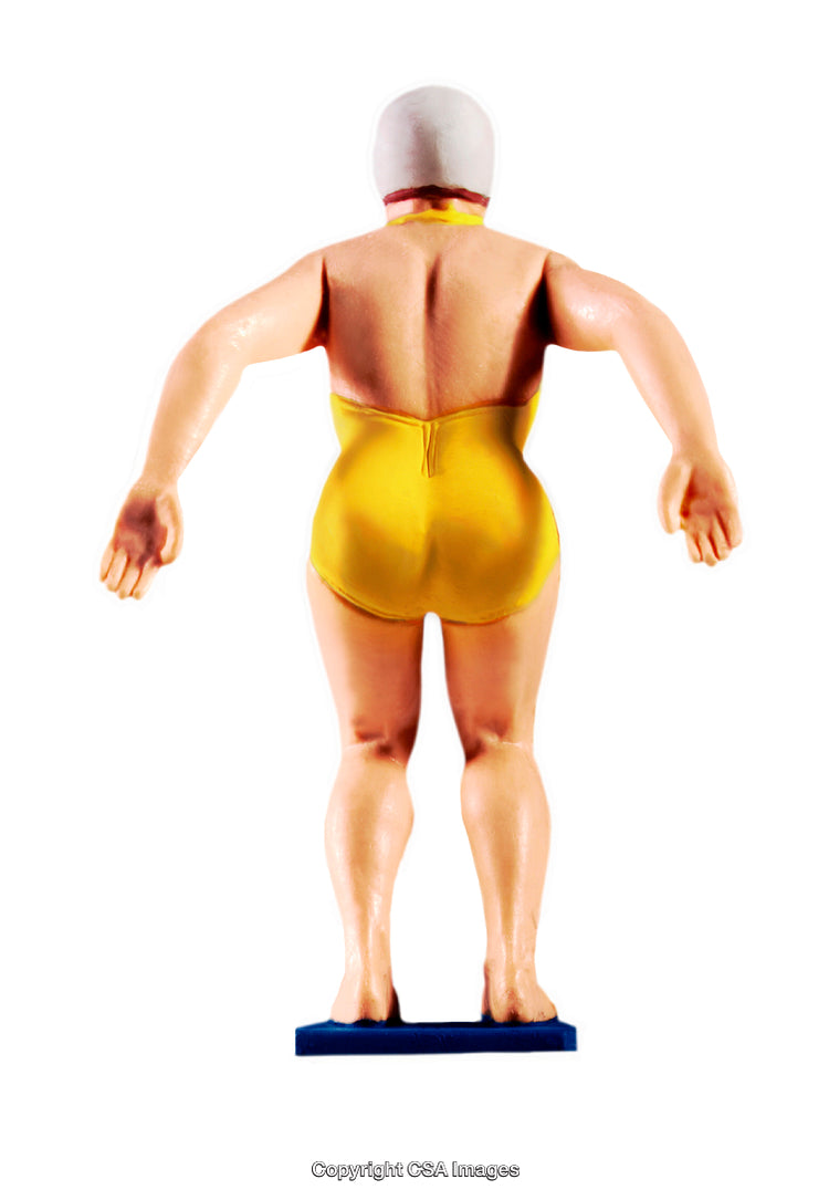Rear View of Swimmer Figurine in Yellow Swimsuit on White Background
