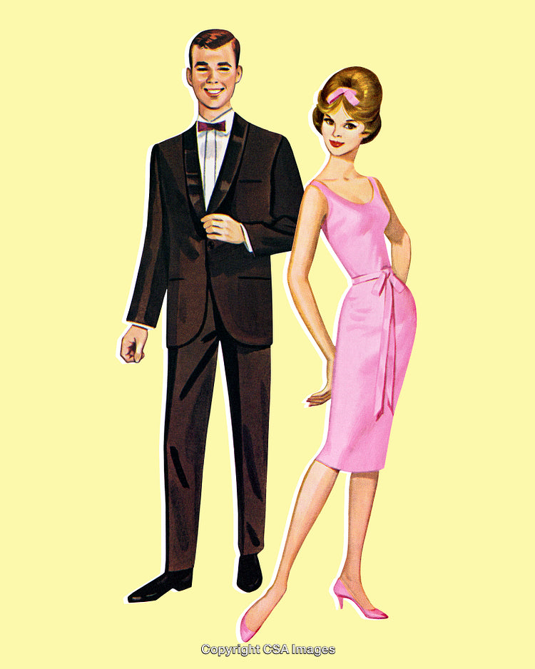 Vintage Illustration of Elegant Couple in Formal Evening Wear Posing Together