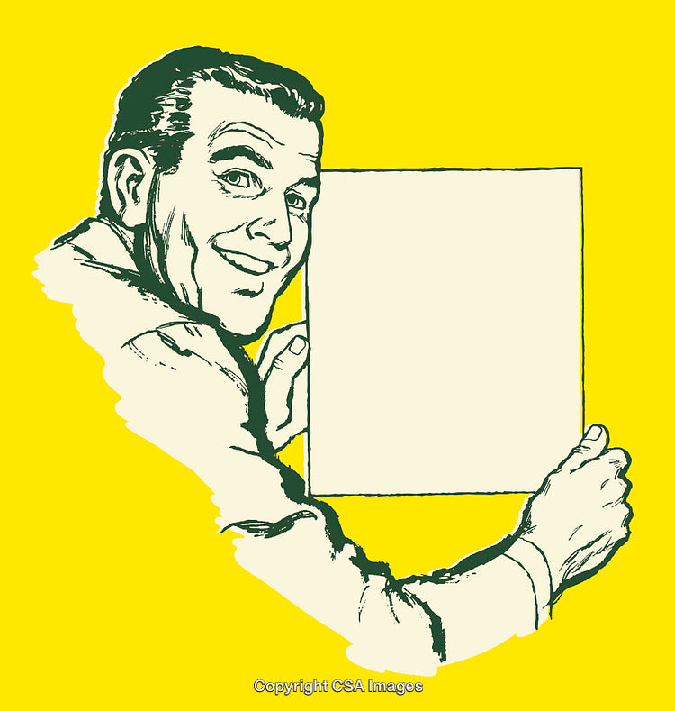 Retro Illustration of a Smiling Man Holding a Blank Sign on Yellow Background