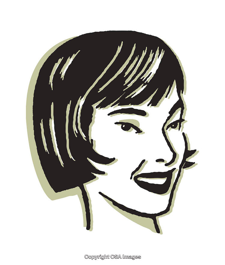 Retro Black And White Illustration of a Smiling Woman with a Vintage Haircut