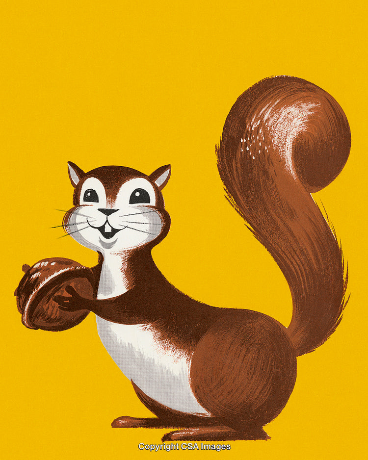 Illustration of a Cheerful Squirrel Holding an Acorn on Yellow Background