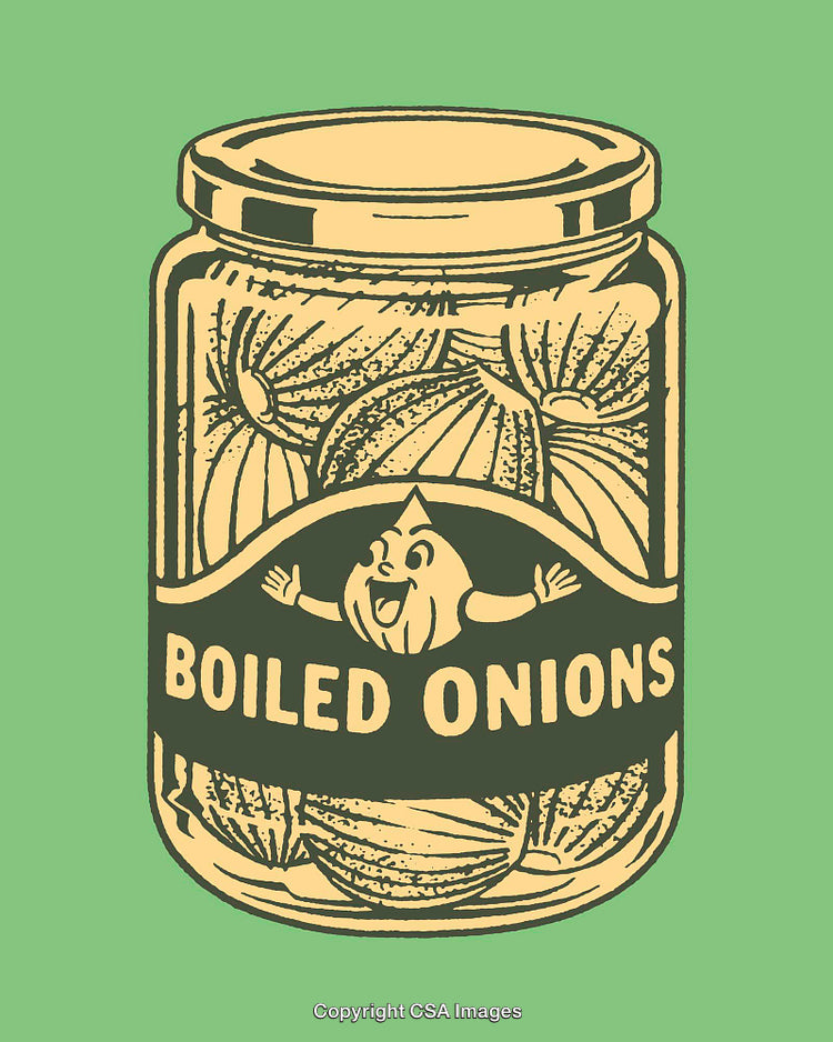 Vintage Illustration of a Jar of Boiled Onions with Cartoon Character