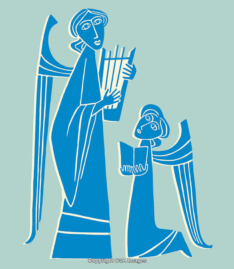 Blue Line Art Illustration of Two Angels with Harp and Scroll