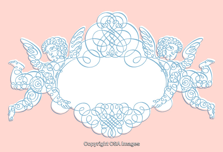 Elegant Line Art Cherub Illustration Featuring Ornate Decoration on Pink Background