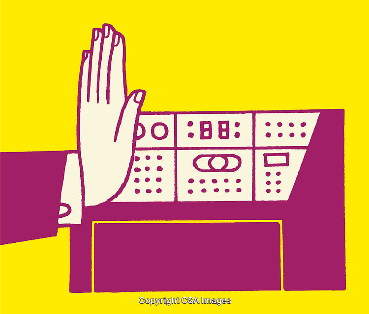 Hand on Console Panel in Bold Line Art Illustration Style