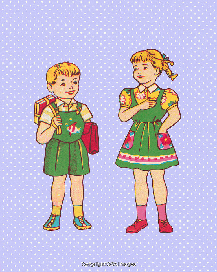 Retro Illustrated Children Dressed Brightly Standing on a Polka Dot Background
