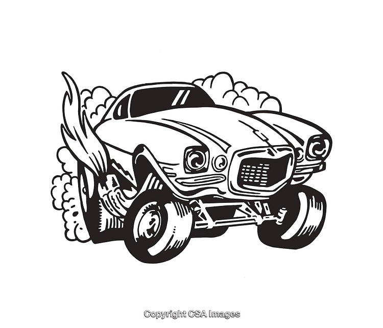 Energetic Black and White Illustration of a Classic Car in Action