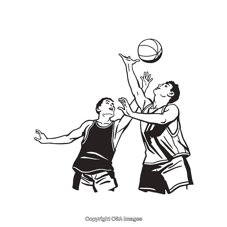 Black and White Line Art of Two Basketball Players Competing for the Ball