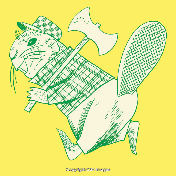 Humorous Line Art Beaver Character With Axe on Yellow Background