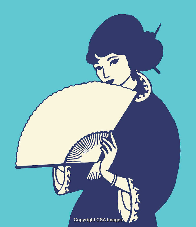 Elegant Illustration of a Woman Holding a Traditional Hand Fan