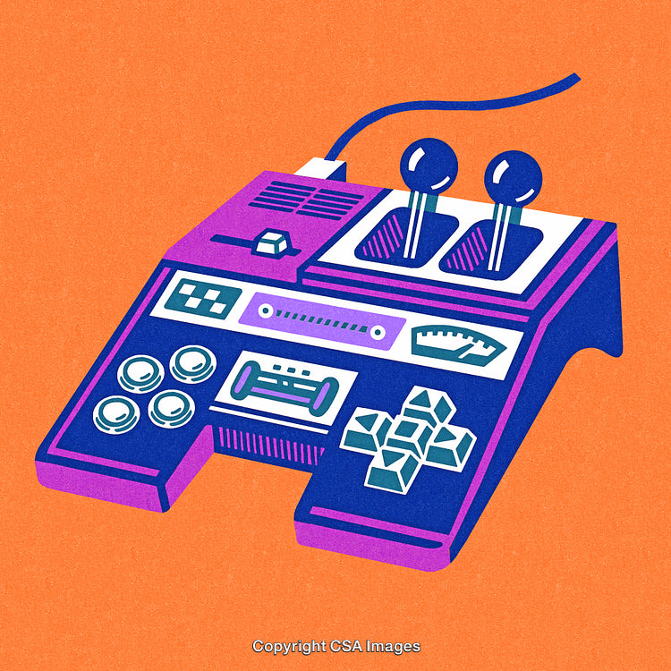 Retro Gaming Console Illustration with Dual Joysticks on Vibrant Orange Background