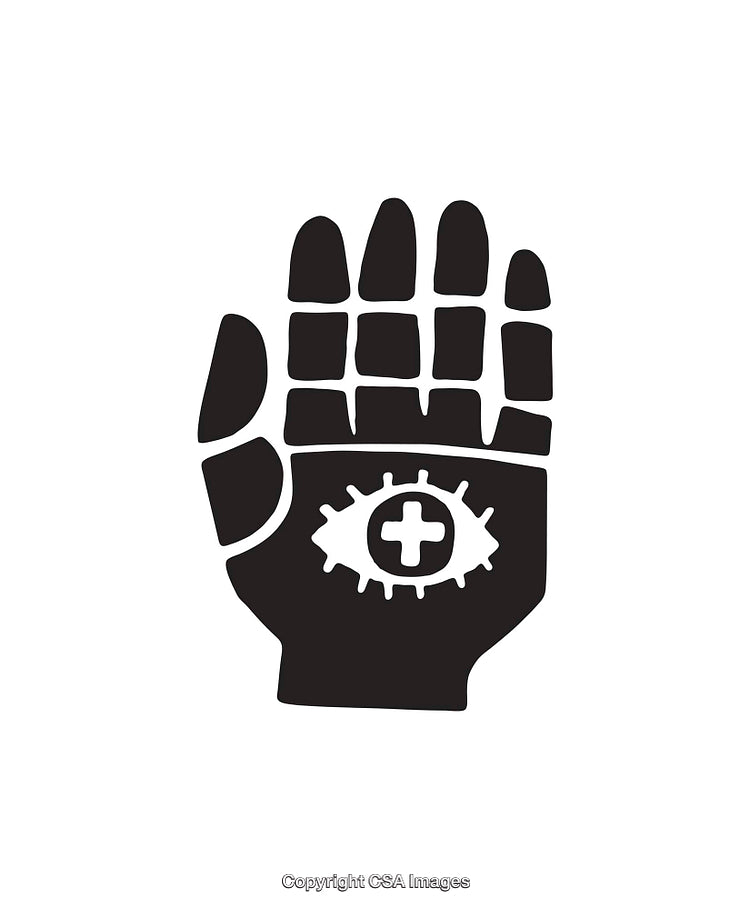 Hand with Eye and Cross Symbol Icon in Black and White Design