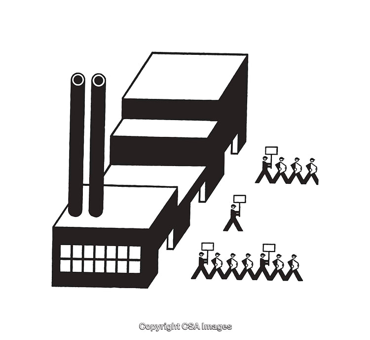 Protesters Demonstrating Outside an Industrial Factory Building in Monochrome Line Art