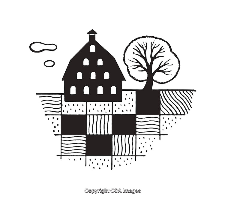 Black and White Line Art of Farmhouse with Tree and Fields