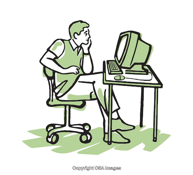 Man Thinking While Sitting at Desk With Computer Illustration