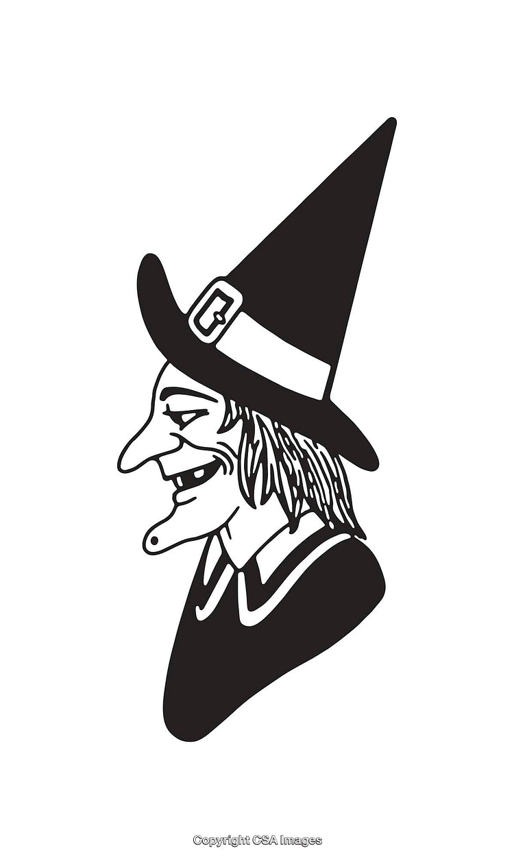 Black and White Illustration of a Witch in Traditional Hat and Cloak