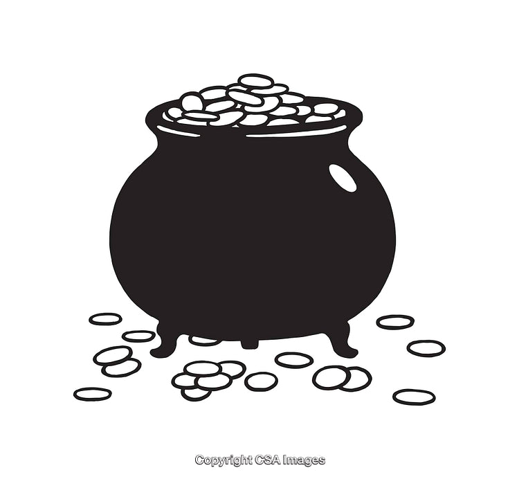 Black and White Line Art of Pot of Gold with Falling Coins