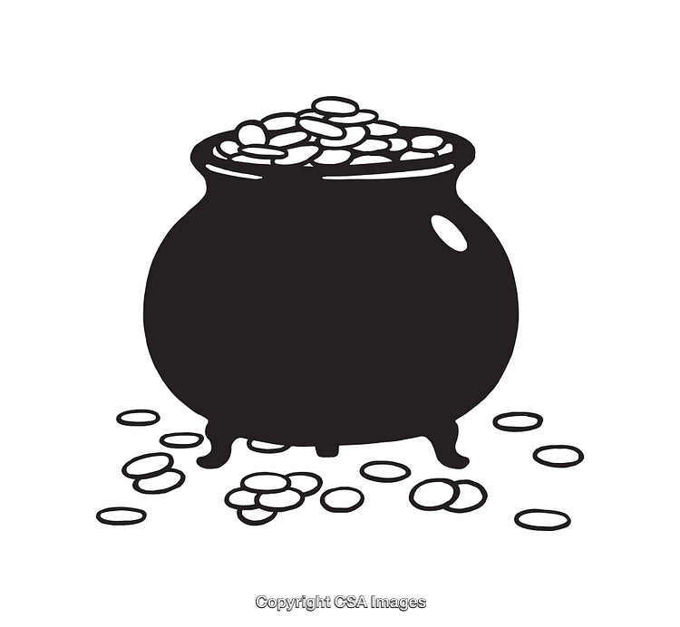 Black and White Line Art of Pot of Gold with Falling Coins