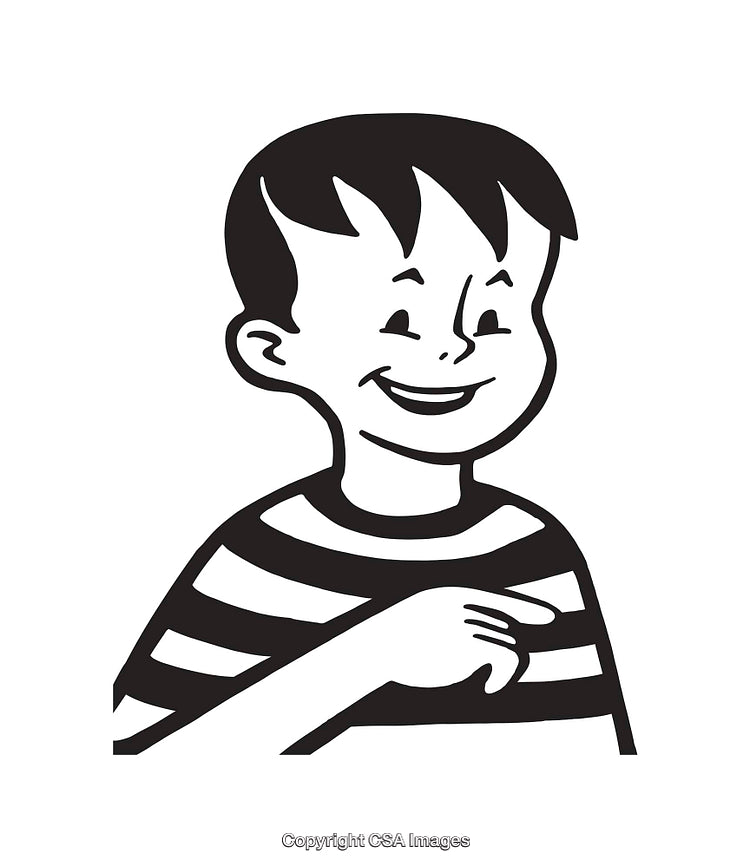 Black and White Line Art of a Smiling Boy in Striped Shirt