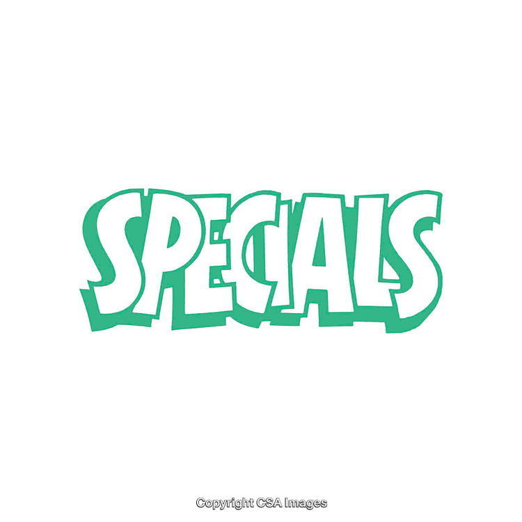Bright Green SPECIALS Text with Bold Cartoon Font on White Background