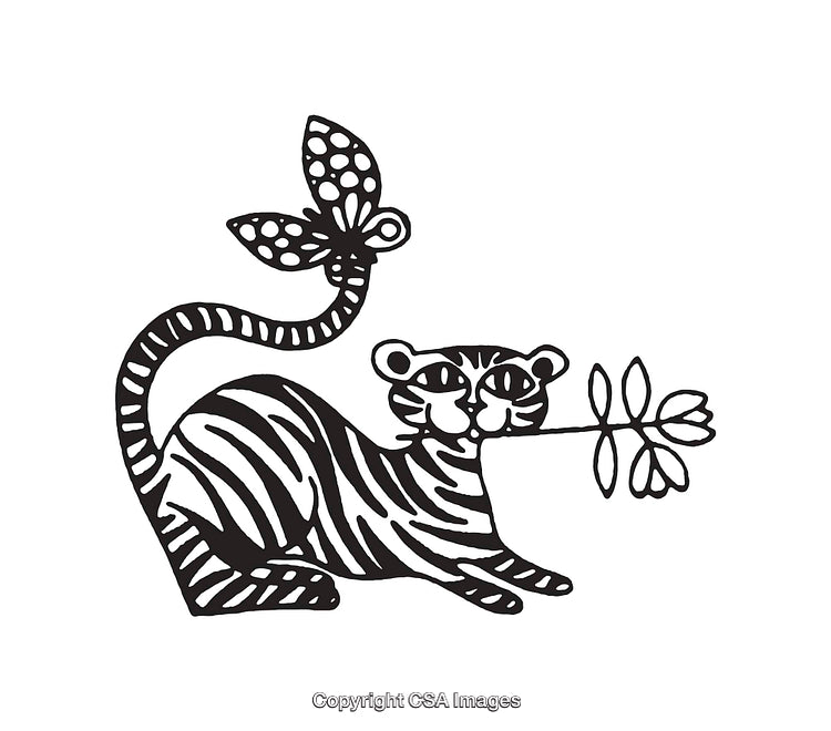 Playful Tiger Line Art with Butterfly and Flower Illustration