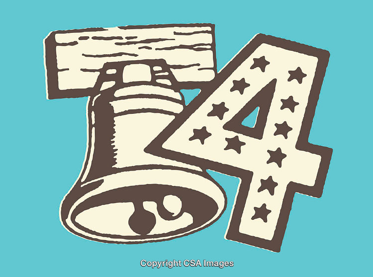 Illustrated Liberty Bell and Number Four on Blue Background