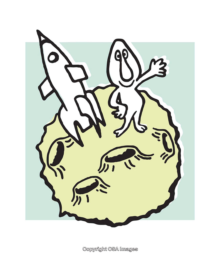 Playful Alien Figure Standing on the Moon Next to a Rocket