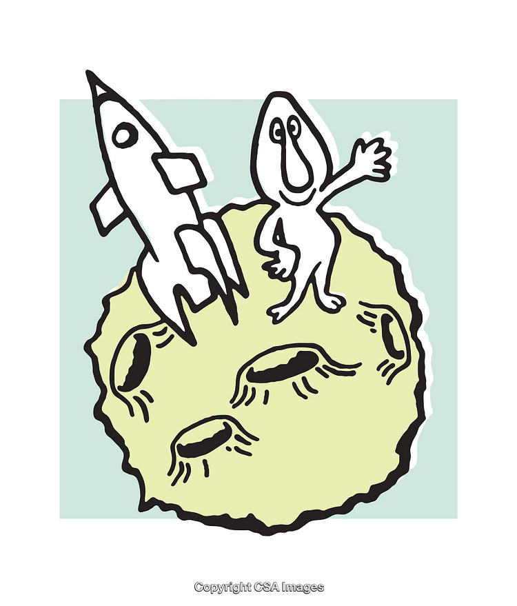 Playful Alien Figure Standing on the Moon Next to a Rocket