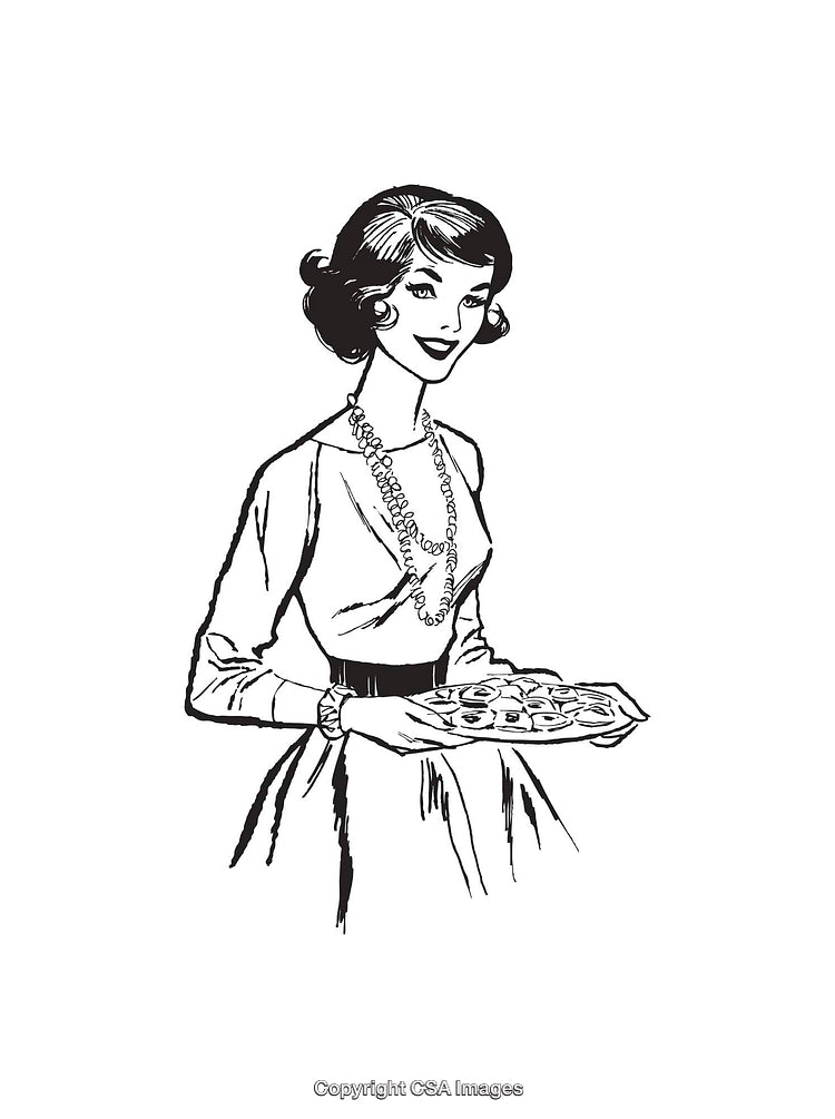 Vintage Black and White Illustration of a Woman Holding a Serving Tray
