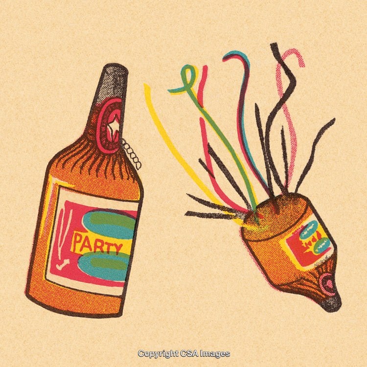 Celebratory Illustration of a Party Popper and Bottle With Streamers