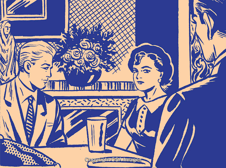 Stylized Retro Illustration of People Interacting Around a Table