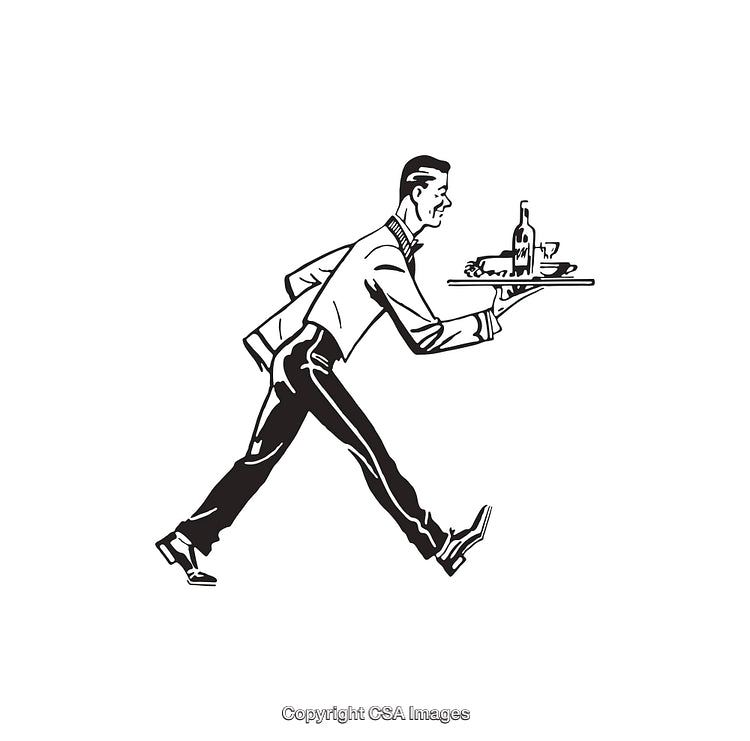 Vintage Illustration of a Waiter Rushing with a Serving Tray