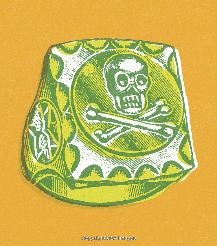 Vibrant Abstract Artwork of a Skull and Crossbones Design in Green and Yellow