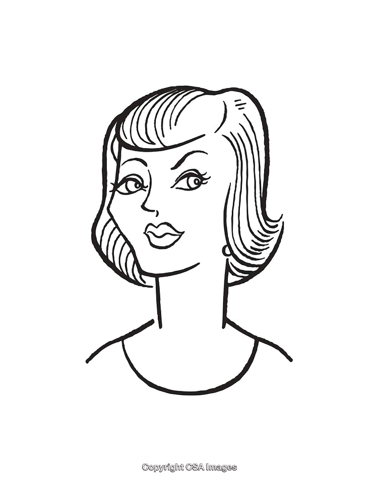 Illustration of a Woman in Retro Style Black and White Line Art