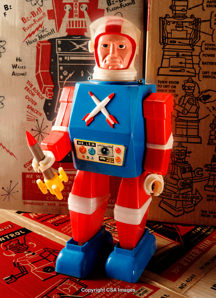 Vintage Toy Robot with Bright Colors and Retro Background Design