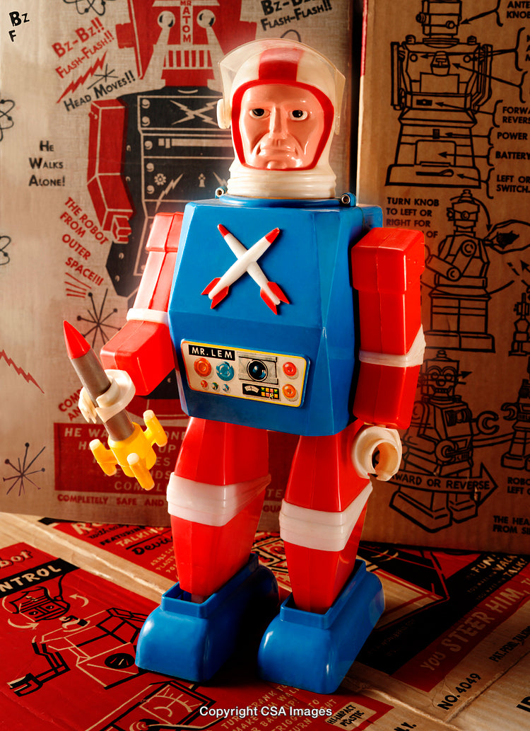 Vintage Toy Robot with Bright Colors and Retro Background Design
